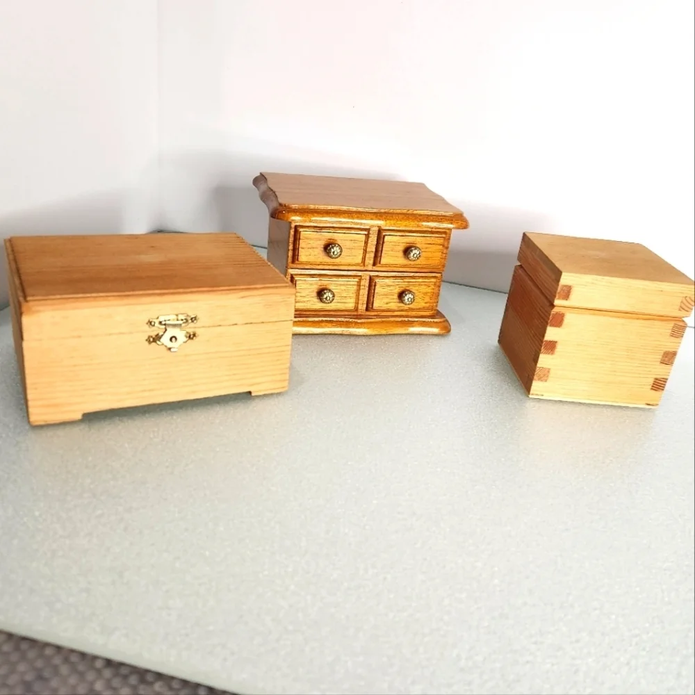 Lot 3 small wooden jewelry boxes velvet lined w drawers raw wood w latch hinged
